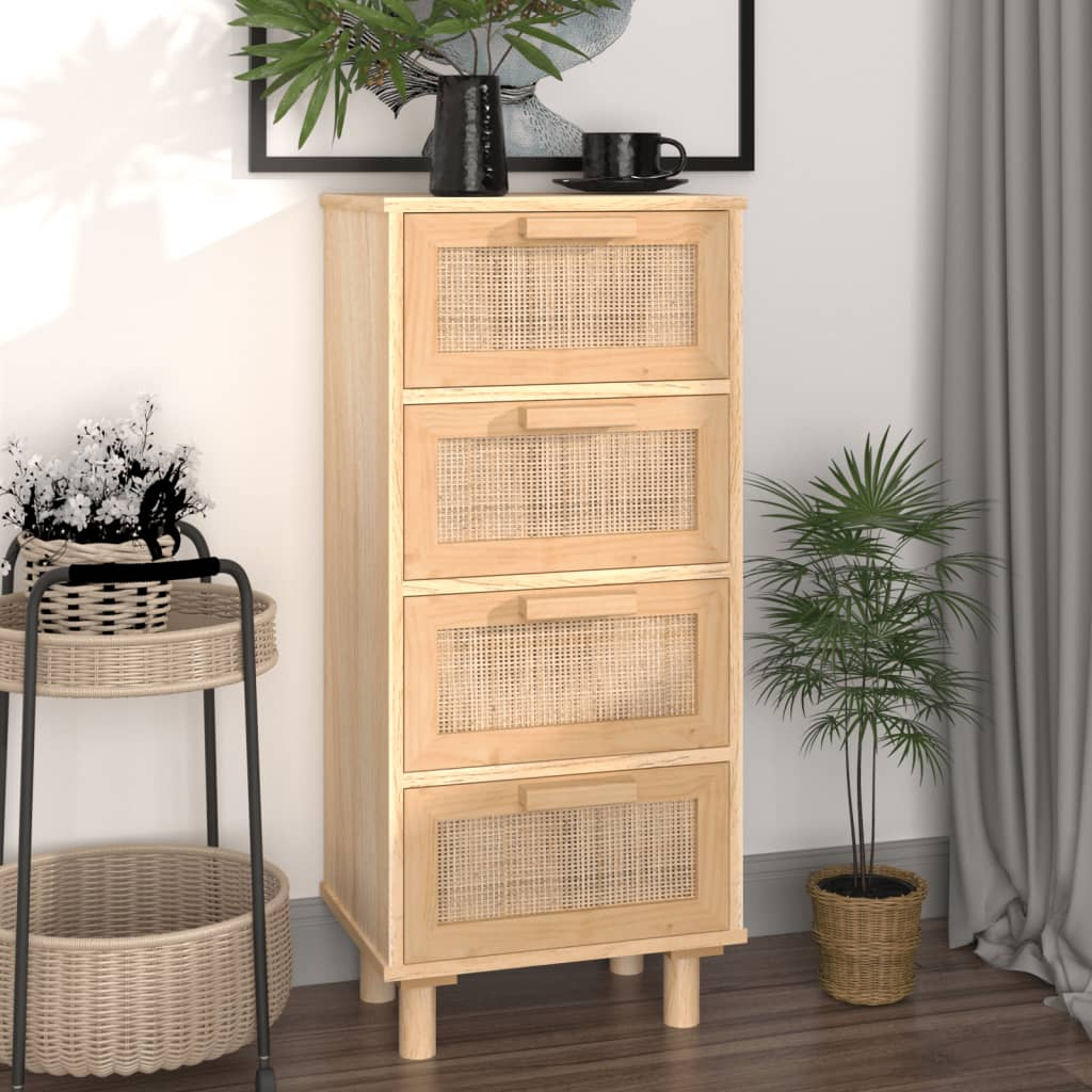 Natural Rattan Style Sideboard Drawers Brown Solid Wood Pine 40x30x90 cm