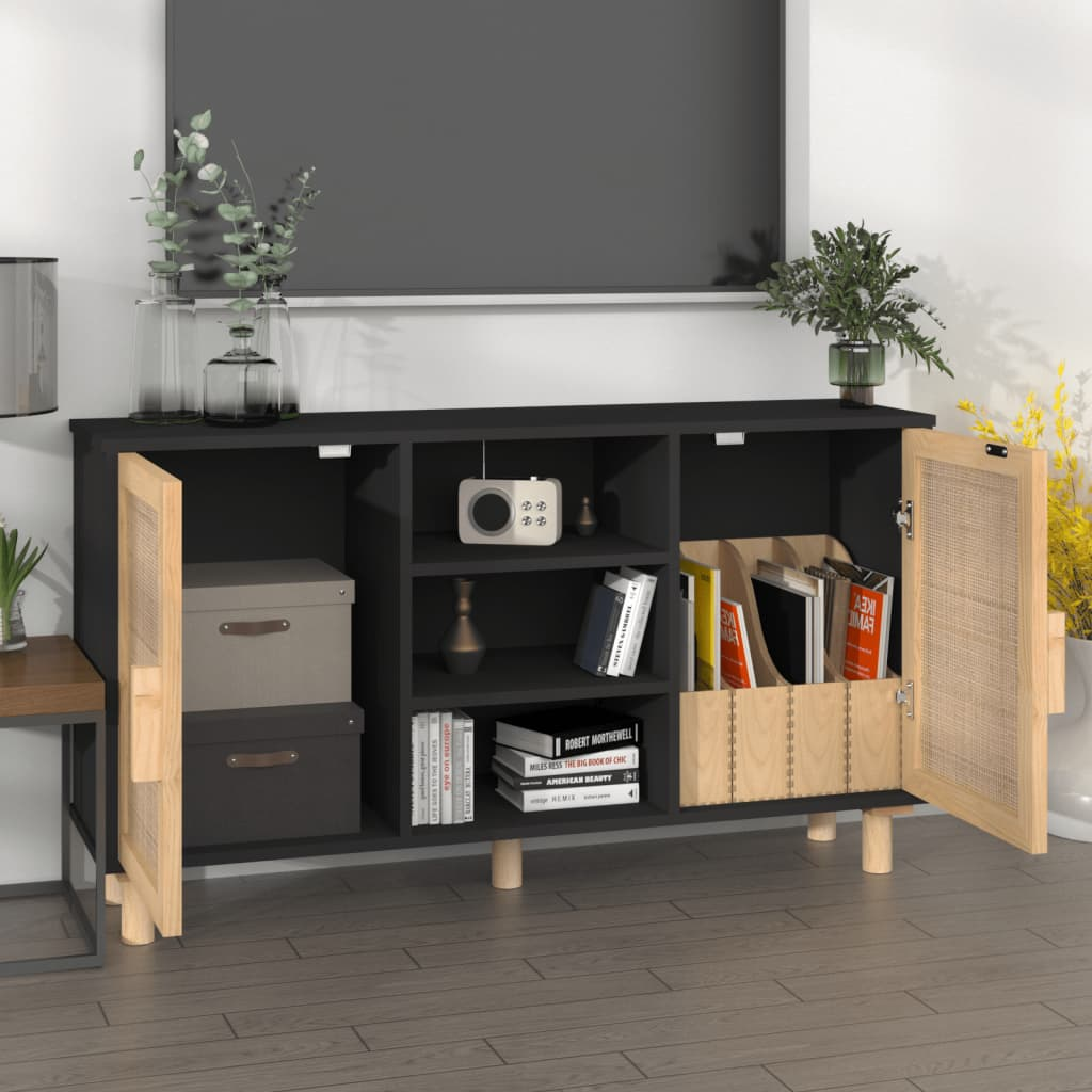 Natural Rattan Solid Wood Pine Sideboard Black 105x30x60 cm