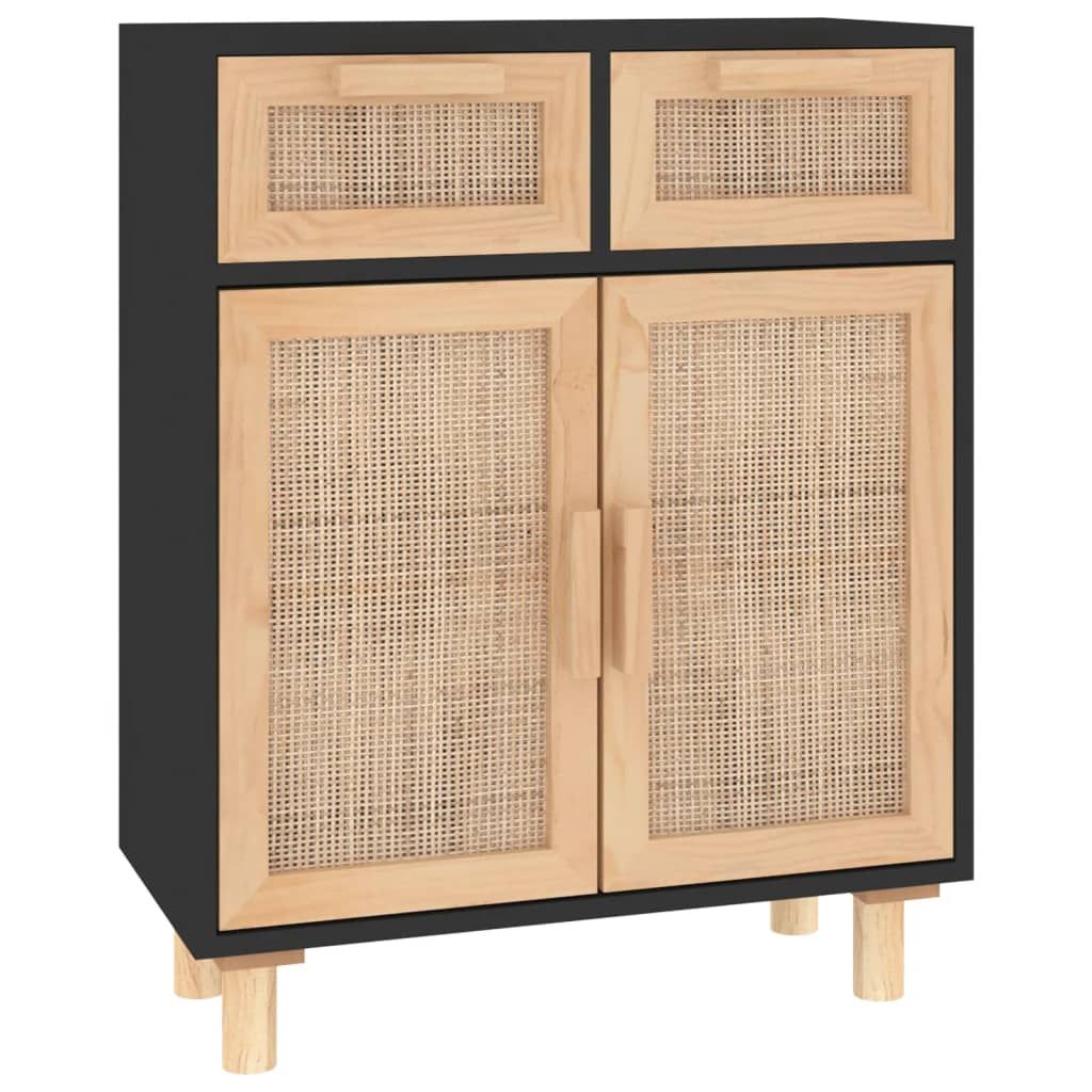 Natural Rattan Sideboard Black Solid Wood Pine 60x30x75 cm