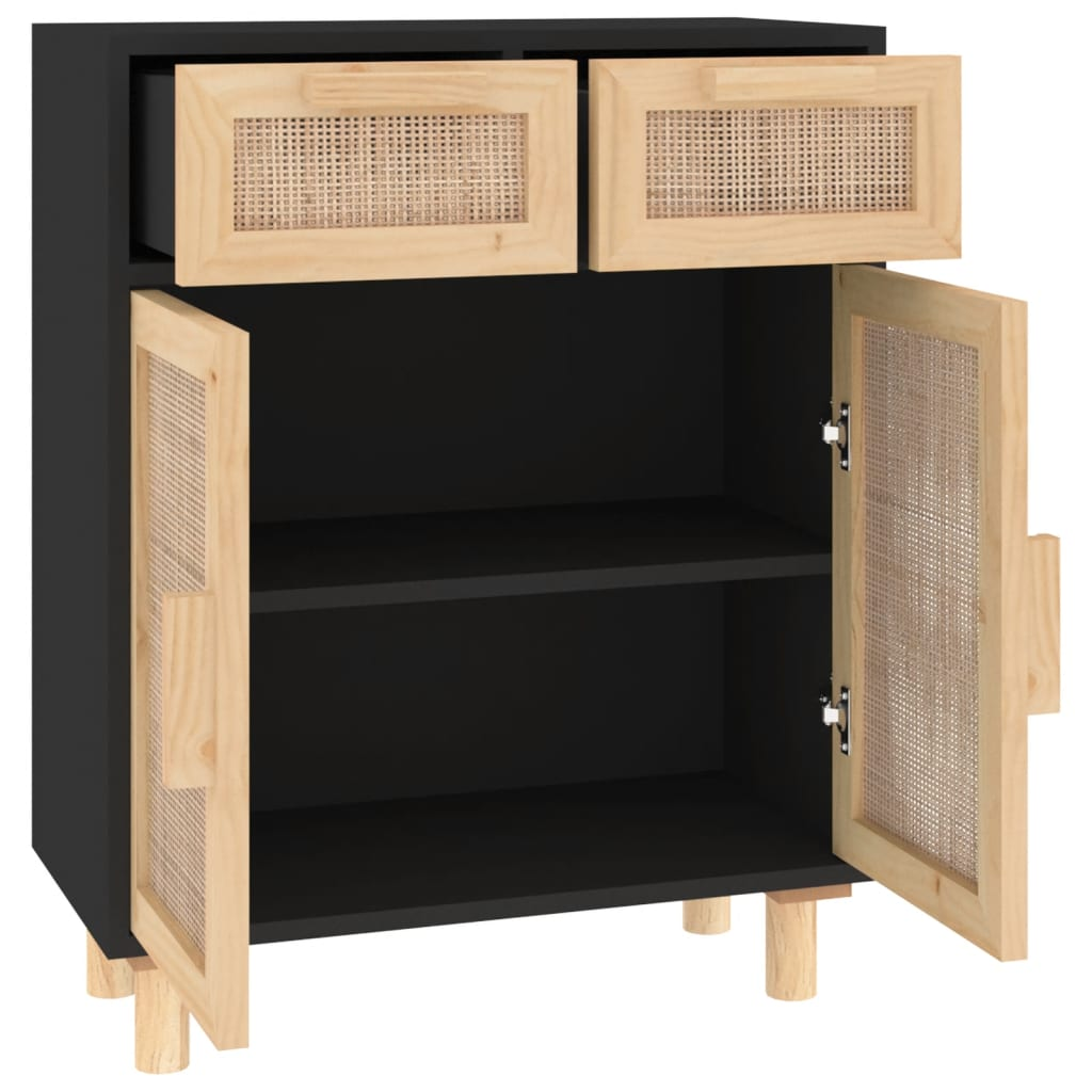 Natural Rattan Sideboard Black Solid Wood Pine 60x30x75 cm
