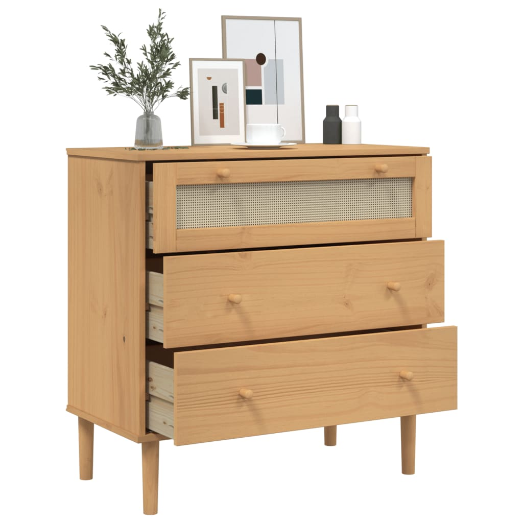 Rattan Style Solid Wood Pine Drawer Cabinet Brown 80x40x80 cm