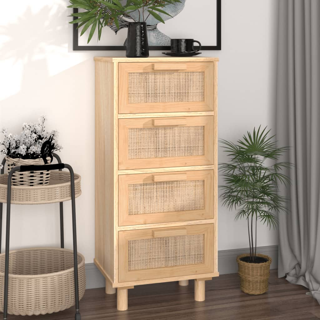 Natural Rattan Style Sideboard  Drawers Brown Solid Wood Pine 40x30x90 cm