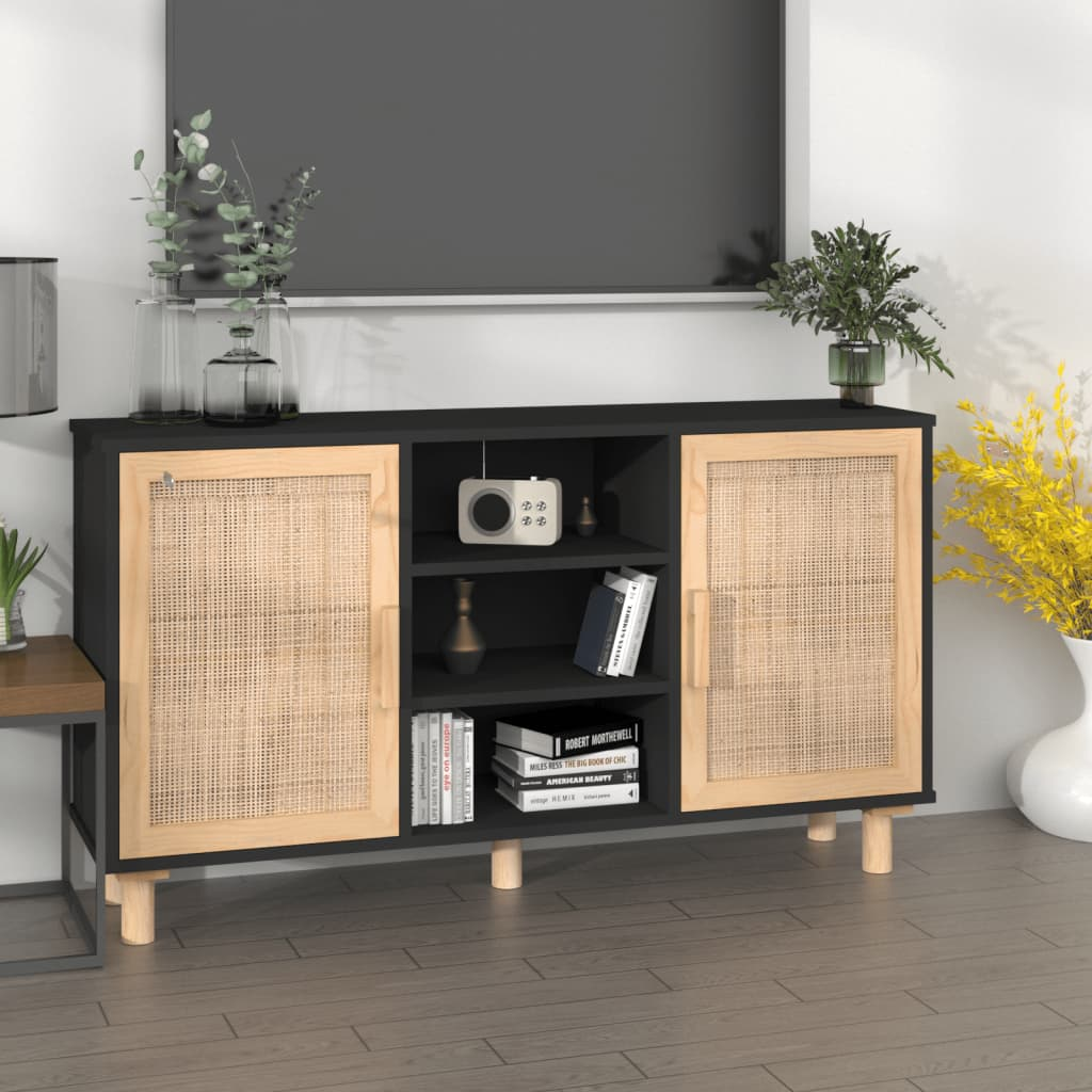 Natural Rattan Solid Wood Pine Sideboard Black 105x30x60 cm