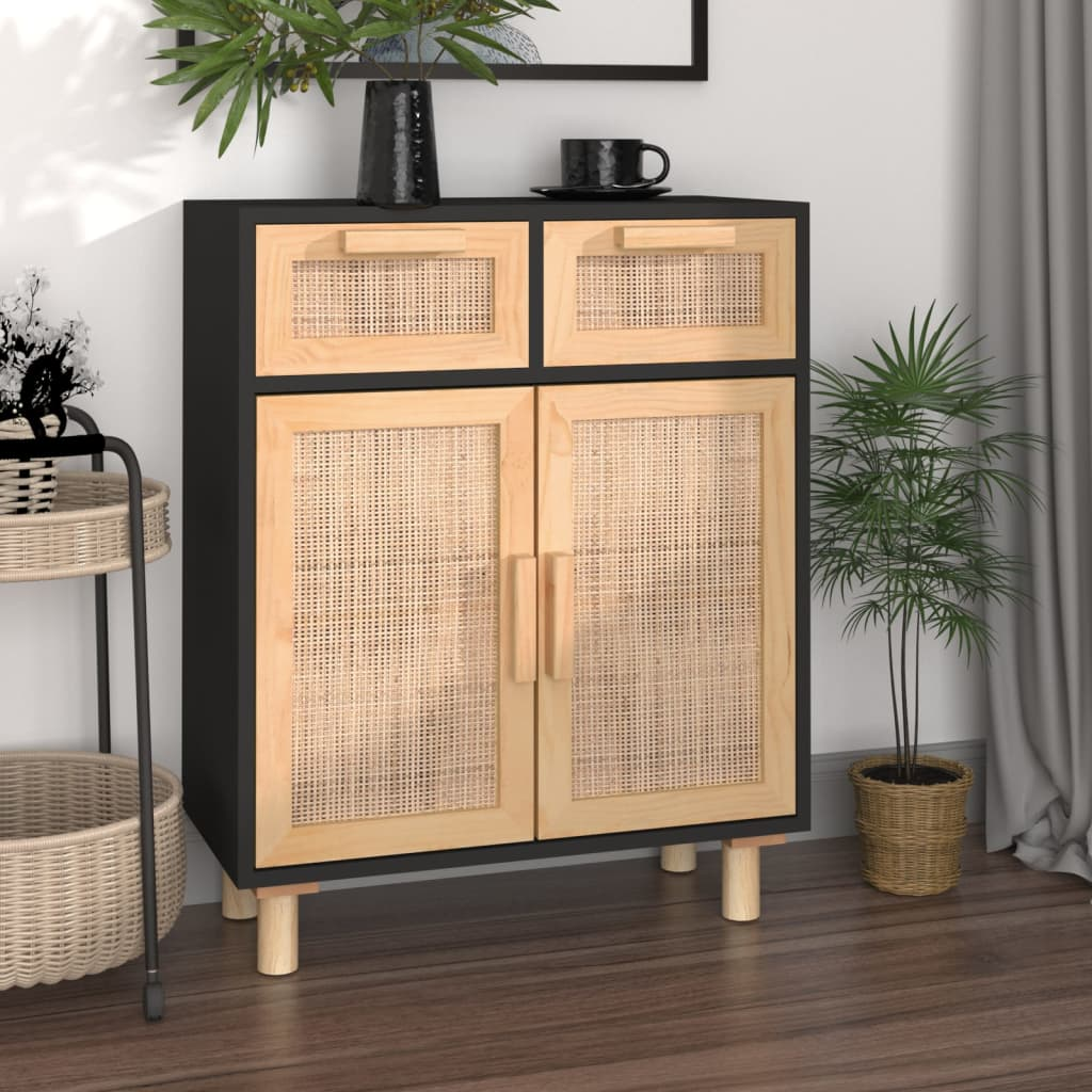 Natural Rattan Sideboard Black  Solid Wood Pine 60x30x75 cm