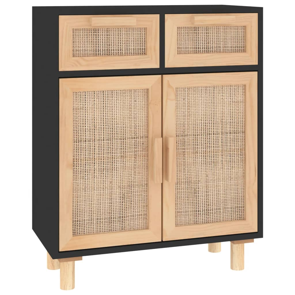 Natural Rattan Sideboard Black  Solid Wood Pine 60x30x75 cm