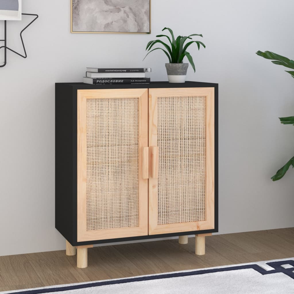 Natural Rattan Sideboard Black Solid Wood Pine 60x30x70 cm