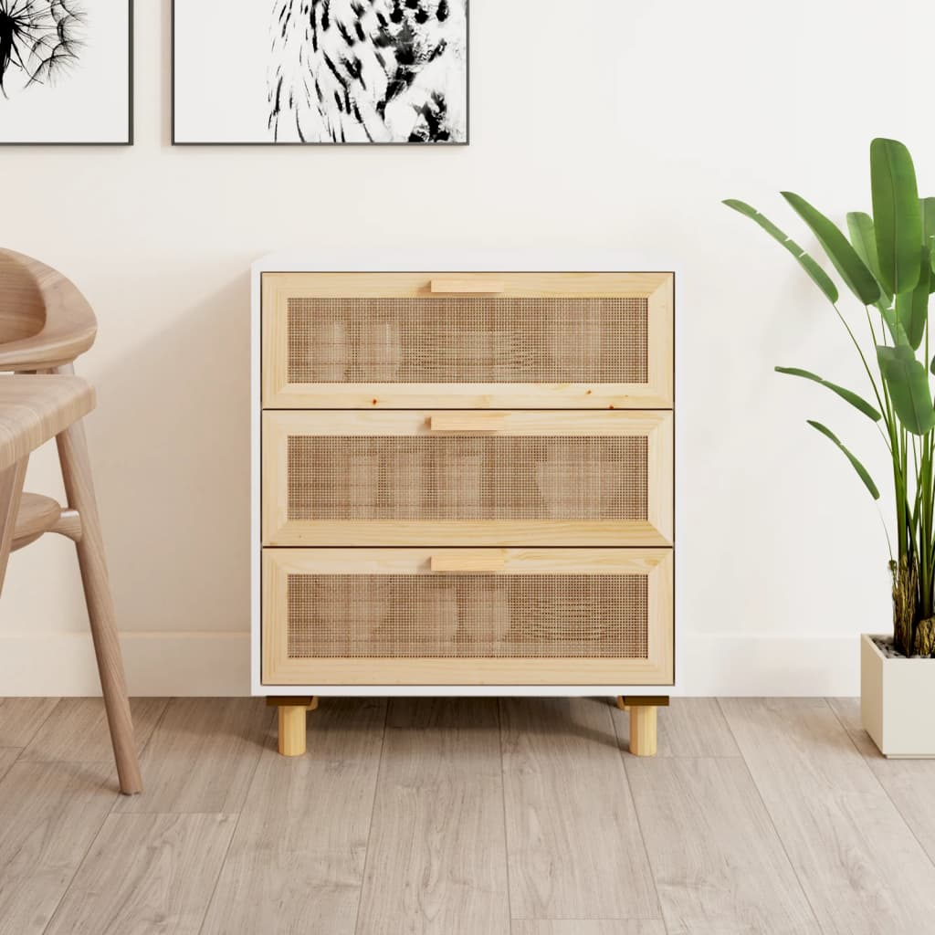 Natural Rattan Solid Pine Wood Sideboard White 60x30x70 cm