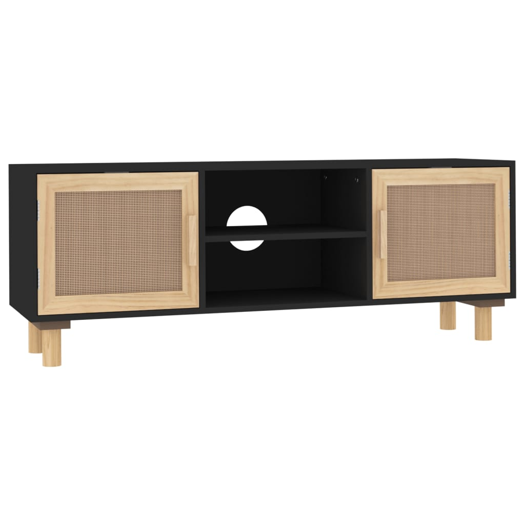 Solid Wood Pine & Natural Rattan TV Cabinet Black 105x30x40 cm