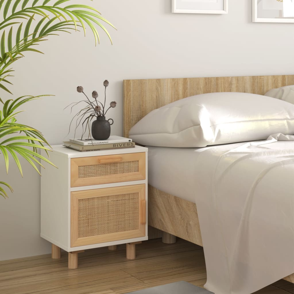 Natural Rattan Bedside Cabinet White Solid Pine Wood