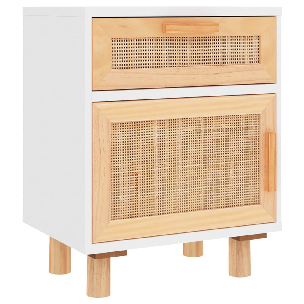 Natural Rattan Bedside Cabinet White Solid Pine Wood